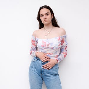 Vintage women l y2k bare shoulders shirt, sheer floral print romantic summer, naked shoulders blouse, long sleeve top date nightlife out 2v