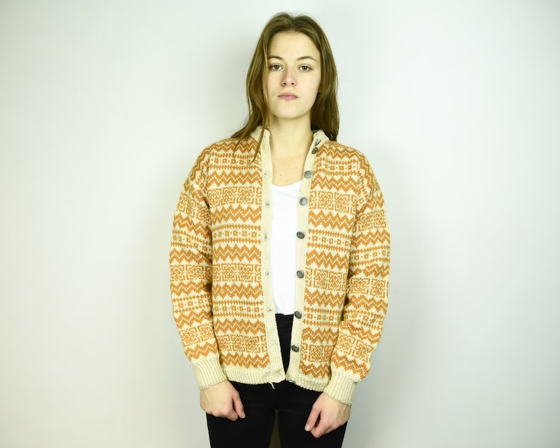 VINTAGE 1990/'s Women/'s Small Norwegian Icelandic Chunky Knit Wool Cardigan Scandinavian Sweater Orange Beige Fair Isle Button Up Jumper Top