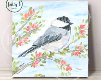 Chickadee Art Print, Bird Gift, Chickadee Painting, Bird Art, Bird Painting, Spring Bird Decor, Spring Bird Flowers