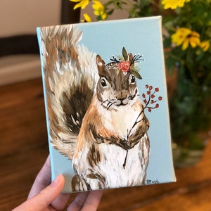 Squirrel Art Print, Woodland Animals, Squirrel Painting, Floral Crown Animals, Whimsical Animals, Woodland Animal Art, Squirrel with flowers