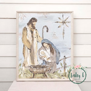 Manger Scene Art Print, Nativity Painting, Manger Scene, Christmas Decor, Christmas Art, Christmas Gift, Rustic Christmas Art, Giclee Print