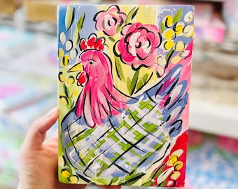 ORIGINAL Chicken Block Painting, Chicken Painting, Chicken Art, Textured Art, Handpainted Chicken, Colorful Chicken
