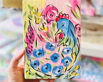 ORIGINAL Chicken Block Painting, Chicken Painting, Chicken Art, Textured Art, Handpainted Chicken, Colorful Chicken