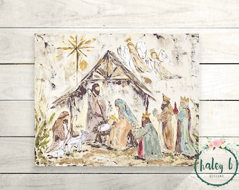 Nativity Art Print, Nativity Painting, Manger Scene, Christmas Decor, Christmas Art, Christmas Gift, Rustic Christmas Art