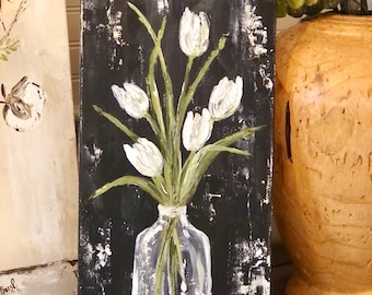 Tulip Art Print, White Tulips, Black and White Art, Tulips in Vase, Farmhouse Art, Farmhouse Decor, Tulip Painting, Floral Art, Giclee