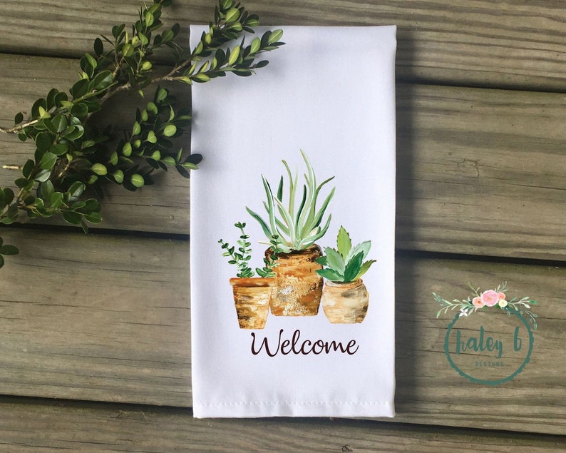 Succulent Gift Kitchen Towel Potted Plant Succulent Decor Farmhouse Kitchen Kitchen Succulent Kitchen Art WELCOME Succulent Tea Towel