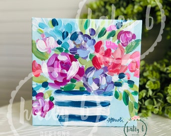 Estampado de arte floral, arte floral colorido, estampado floral giclée, flores coloridas, decoración floral, pintura de flores, jarrón floral, maceta floral a rayas