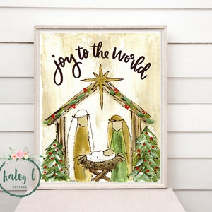 Nativity Art Print, Joy to the World, Nativity Painting, Manger Scene, Christmas Decor, Christmas Art, Christmas Gift, Rustic Christmas Art