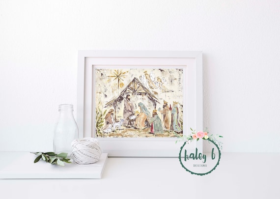 Nativity Art Print, Nativity Painting, Nativity Art, Manger Scene, Christmas Decor, Christmas Art, Christmas Gift, Rustic Christmas Art