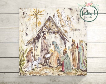 May include: A painting of the nativity scene with a star above the stable. The scene includes Mary, Joseph, baby Jesus, angels, and the three wise men. The painting is done in a rustic style with a white background and gold accents.