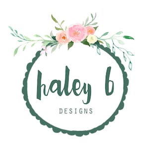 May include: A logo design featuring the text "haley b DESIGNS" in a dark teal script font, enclosed within a scalloped circle. The design is topped with a watercolor floral arrangement of pink and peach roses, green leaves, and small white flowers.