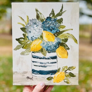 Lemon and Hydrangea Art Print, Lemon Decor, Lemon Painting, Lemon Arrangement, Blue Hydrangeas, Lemon Design, Lemon Branch, Floral Art