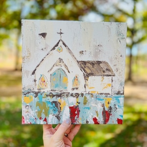 Church Art Print, Church Painting, Church Sign, Farmhouse Decor, Wall Art, Shelf Decor, Giclee Prints, Colorful Church Art