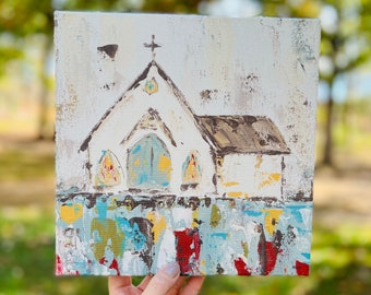 Church Art Print, Church Painting, Church Sign, Farmhouse Decor, Wall Art, Shelf Decor, Giclee Prints, Colorful Church Art