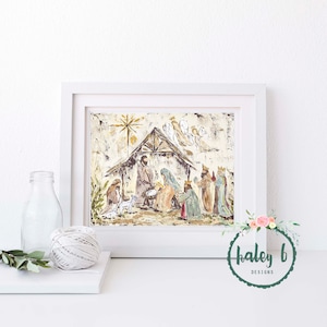 Puede incluir: Una pintura enmarcada de la escena de la natividad con un fondo r&uacute;stico y texturado. La pintura presenta un establo de madera, una estrella, &aacute;ngeles y los tres reyes magos.