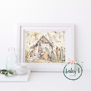 Nativity Art Print, Nativity Painting, Manger Scene, Christmas Decor, Christmas Art, Christmas Gift, Rustic Christmas Art image 4