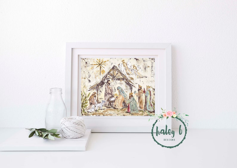 Puede incluir: Una pintura enmarcada de la escena de la natividad con un fondo r&uacute;stico y texturado. La pintura presenta un establo de madera, una estrella, &aacute;ngeles y los tres reyes magos.