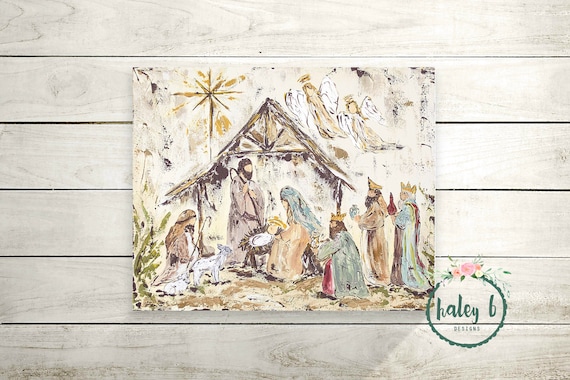Nativity Art Print, Nativity Painting, Manger Scene, Christmas Decor, Christmas Art, Christmas Gift, Rustic Christmas Art