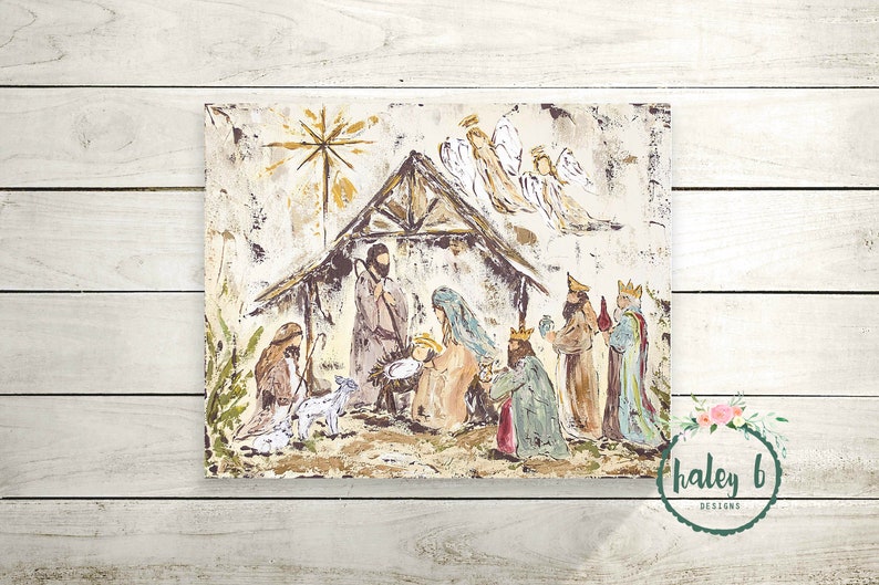Puede incluir: Una pintura que representa la escena de la Natividad con una estrella sobre el establo, &aacute;ngeles en el cielo y los tres reyes magos acerc&aacute;ndose al pesebre. La pintura est&aacute; realizada en un estilo r&uacute;stico con un fondo texturizado.