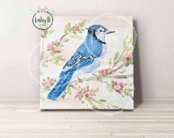 Blue Jay Art Print, Spring Blue Jay, Blue Jay Painting, Blue Jay Flowers, Bird Art, Bird Painting, Spring Bird Decor, Spring Bird Flowers