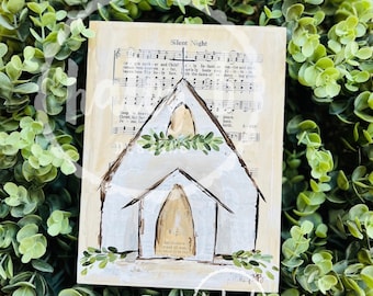 ORIGINAL 6x8&quot; Silent Night Church Painting on Vintage Christmas Music, Mixed Media, Hymnal Page, Silent Night Art, Christmas Church Art