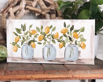 Original Lemon Jar Painting, Lemon Jar Floral, Floral Art, Lemon Decor, Lemon Art, Floral Painting, Lemon Decor, Lemon Painting, Lemons