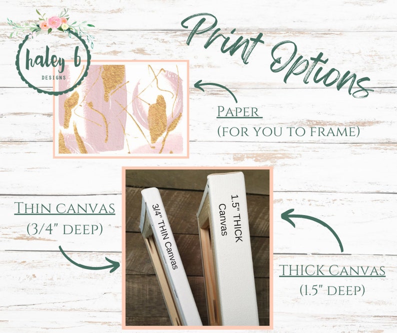Puede incluir: Opciones de impresi&oacute;n para una pintura sobre lienzo o papel. Las opciones incluyen un lienzo delgado de 1,9 cm de profundidad, un lienzo grueso de 3,8 cm de profundidad y papel para enmarcar.