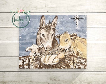 Nativity Animals Print, Nativity Painting, Nativity Art, Manger Scene, Christmas Decor, Christmas Art, Christmas Gift, Rustic Christmas Art