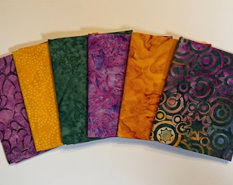 NEW! Magenta, Green and Gold Batik Cotton Fat Quarter Bundle (6)