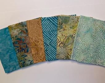 GORGEOUS TONES! Soft Teal with Tan Batiks Fat Quarter Bundle (6)