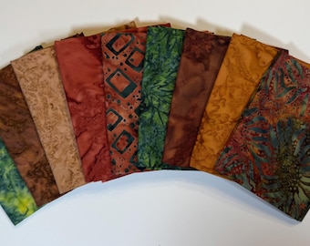 Brown, Gold, Rust and Green Fall Tones Batik Fat Quarters (9)