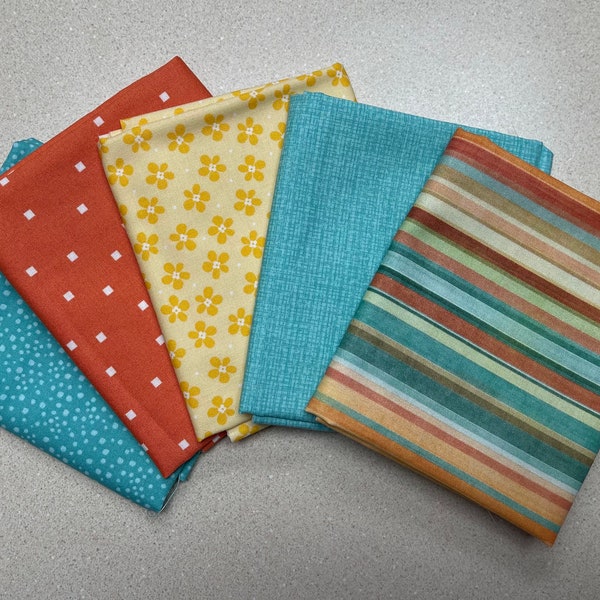 Sweet Turquoise, Coral and Stripes Fat Quarter Bundle (5)