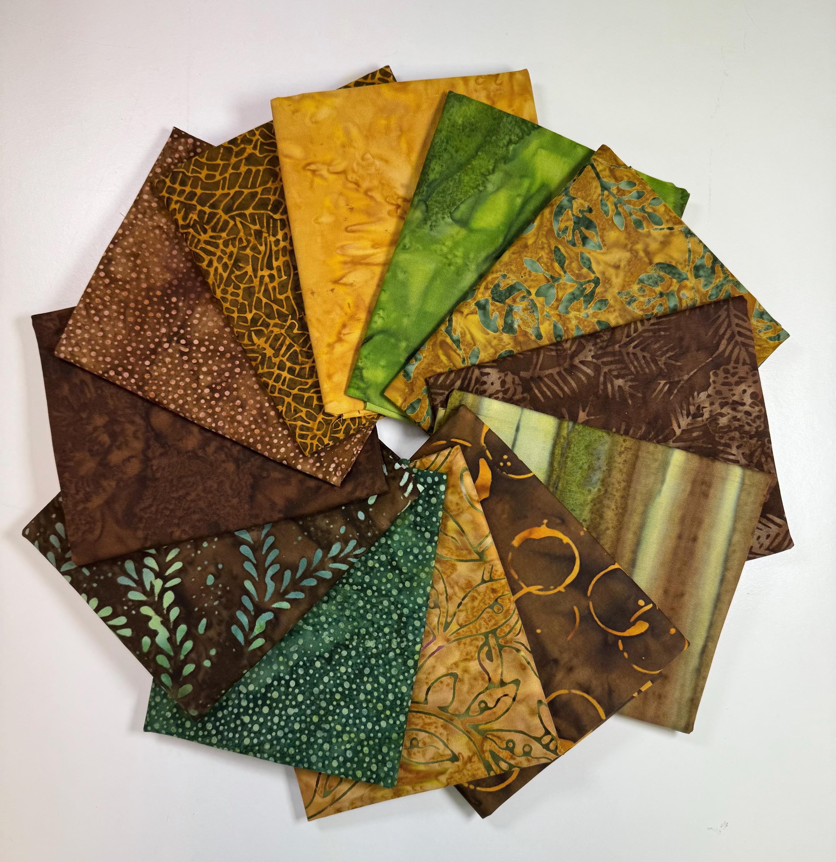 EARTHY! Green and Brown Batik Fat Quarter Bundle (12)