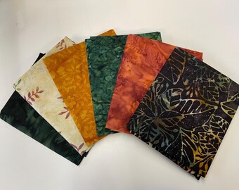 Black Orange Gold Green Leaves Batik Fat Quarter Bundle, 100% Cotton (6)
