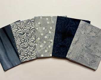 ONLY ONE LEFT! Rich Blues and Light Gray Batiks Fat Quarter Bundle (5)