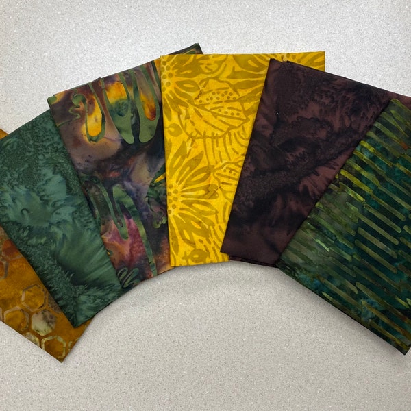 Rich Green, Gold and Brown Batik Fat Quarter Bundle (6)