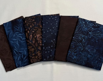 ONE AVAILABLE! Rich Brown with Deep Blue Batik Fat Quarter Bundle (6)