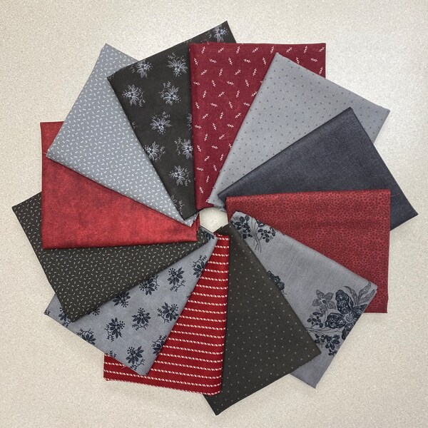 STUNNING!! Burgundy and Charcoal Gray fat quarter bundle (12)