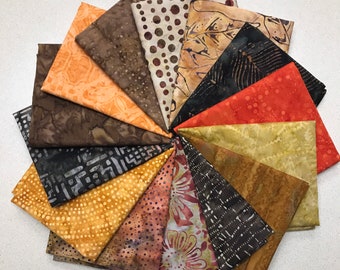 FALL TONES! Brown, Gold, Tan and Orange Batiks Fat Quarter Bundle (14)