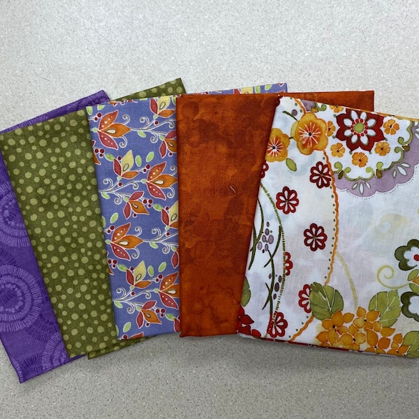 ONE LEFT! Rust, Purple, Green and Gold Tones Fat Quarter Bundle (5)