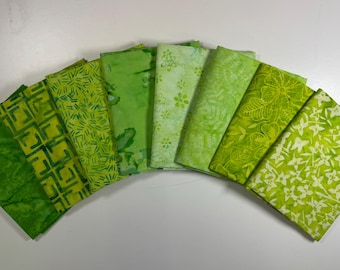 Lime Green Batik Fabric Fat Quarter Bundle, Cotton (8)