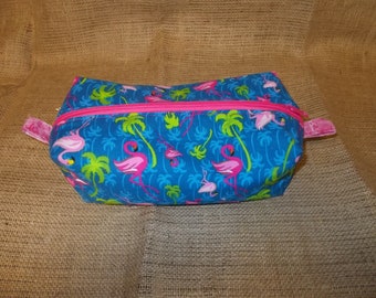 Women's Make-Up or Toiletry Bag - Pink Flamingos on Blue