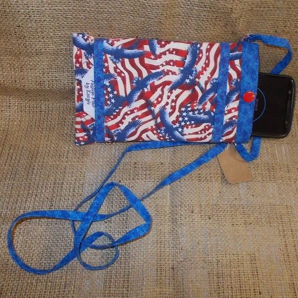Cell Phone Pouch - Americana - Quilted and Lined with Crossbody Strap
