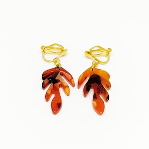 Handmade Tortoiseshell Pattern Oak Leaf Sienna Hoop Clip on Earrings Tortoiseshell Charm Hoop Clip on Earrings Leaf Clip on Earrings