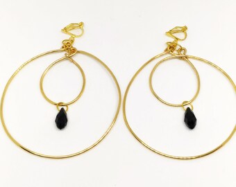Handmade Brass Hoop Earrings, Large Hoop Black Crystal Glass Clip on Earrings