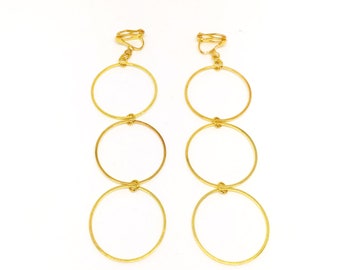 Handmade Boho Gold Hoop Clip on Earrings Long Hoop Clip on Earrings Gold Minimalist Earrings Gold Hoop Clip on Earrings Non-pierced Earrings