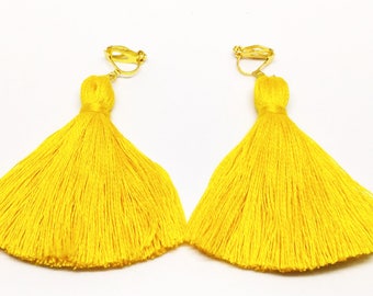 Yellow Tassel Earrings Clip Yellow Earrings Clip Tassel Earrings Mustard Tassel Earrings Handmade Earrings Clip Long Tassel Earrings