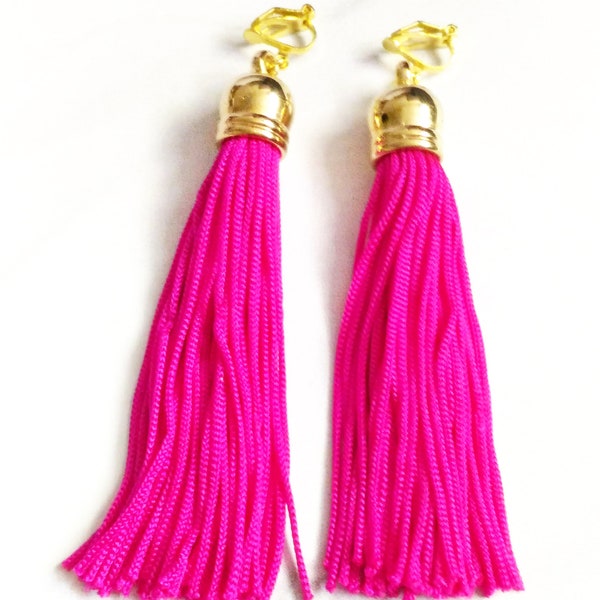 Handmade Boho Hot Pink Tassel Clip On Earrings, Hot Pink Tassel Clip on Earrings, Long Hot Pink Tassel Clip on Earrings Gift for her