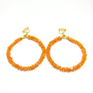 Handmade Orange Hoop Earrings, Orange Glass Beaded Clip on Earrings, Orange Clip on Earrings, Large Orange Hoop Earrings, Geometric Earrings