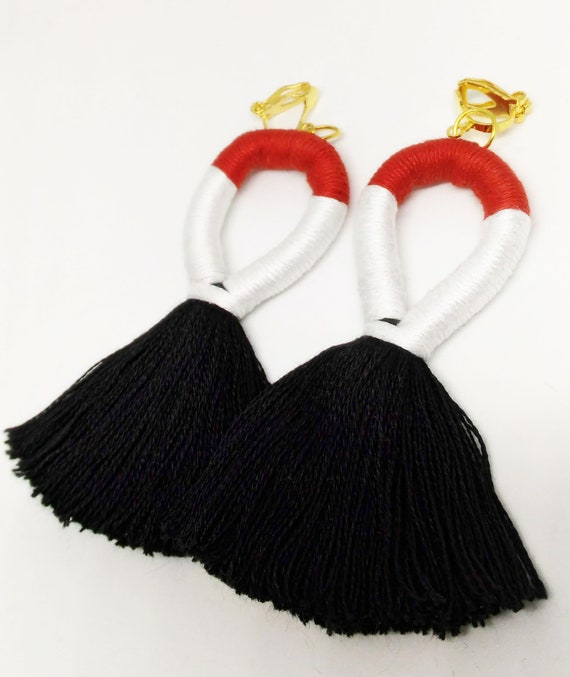 clip on tassel earrings black